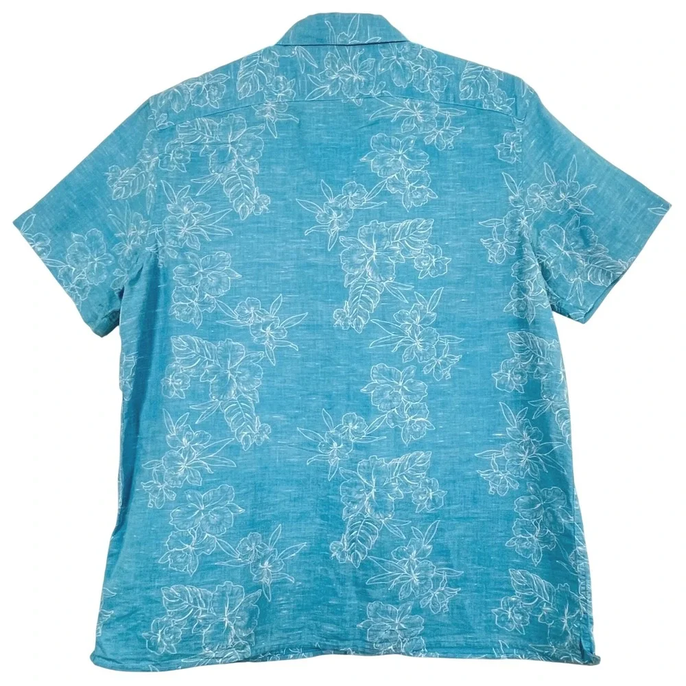 Banana Republic Mens Camp Shirt XL Blue Floral Linen Blend Slim Fit SS Tropical